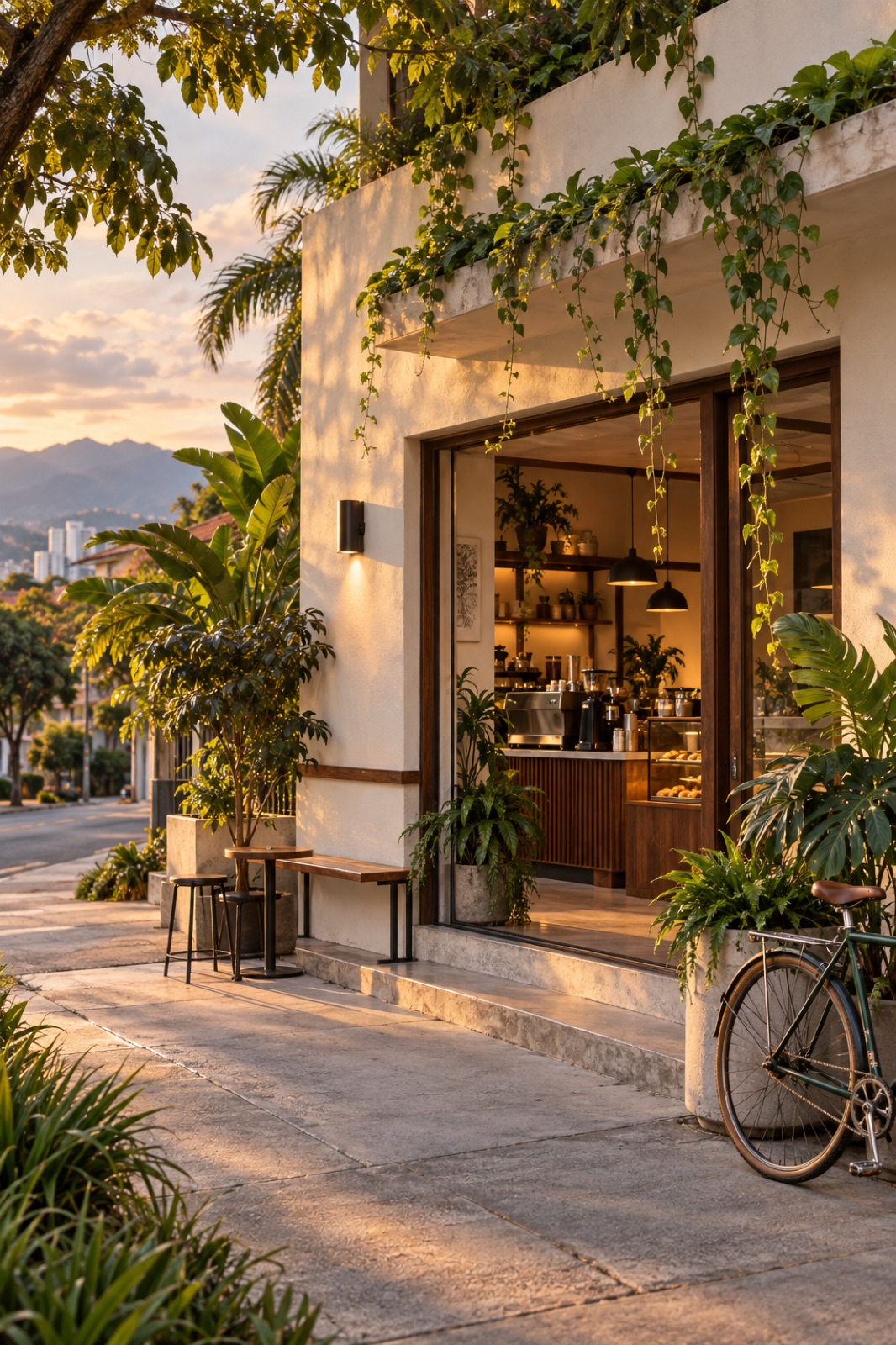 Fachada cálida de una cafetería al atardecer